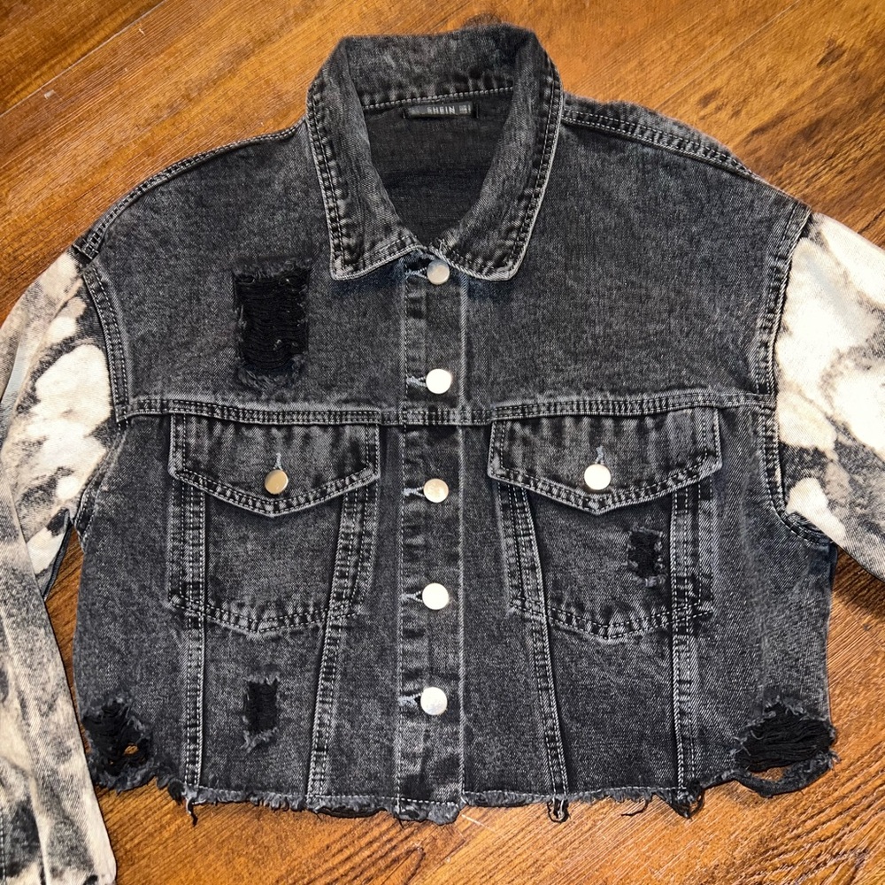 Black Distressed Punk Gray Acid Wash Sleeves Crop Moto Button Up Jacket Size S - Picture 3 of 12